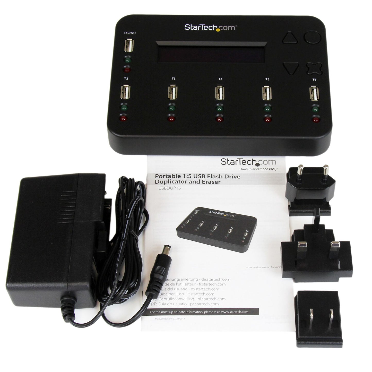 StarTech.com Standalone 1 to 5 USB Thumb Drive Duplicator and Eraser, Multiple USB Flash Drive Copier, System and File and Whole-Drive Copy at1.5 GB/min, Single and 3-Pass Erase, LCD Display - TAA