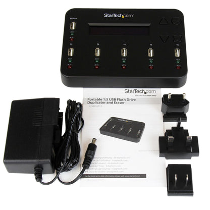StarTech.com Standalone 1 to 5 USB Thumb Drive Duplicator and Eraser, Multiple USB Flash Drive Copier, System and File and Whole-Drive Copy at1.5 GB/min, Single and 3-Pass Erase, LCD Display - TAA