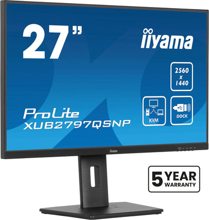 iiyama ProLite 27’’ QHD IPS technology panel with RJ45 (LAN), KVM Switch and USB-C Dock with 96W power delivery