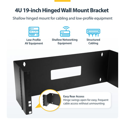 StarTech.com 4U Hinged Wall Mount Patch Panel Bracket - 6 inch Deep - 19" Patch Panel Swing Rack for Shallow Network Equipment- 33lbs