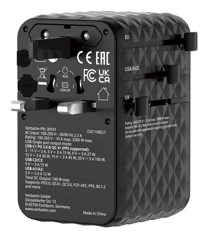 Verbatim Charge 'n' Travel 100W Universal Travel Adapter with retractable cable Black