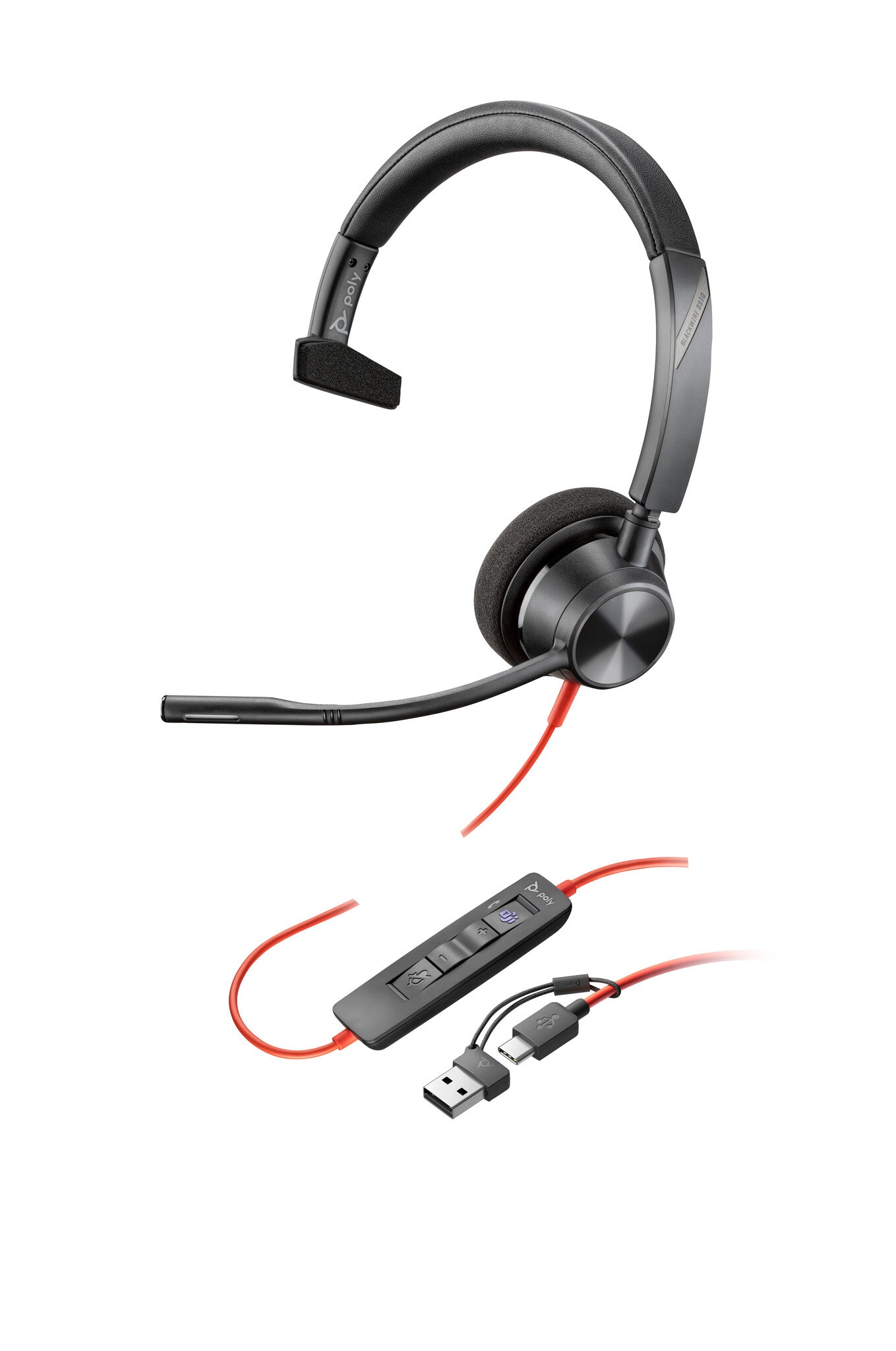 HP Poly Blackwire 3310 Monaural Microsoft Teams Certified USB-C Headset +USB-C/A Adapter