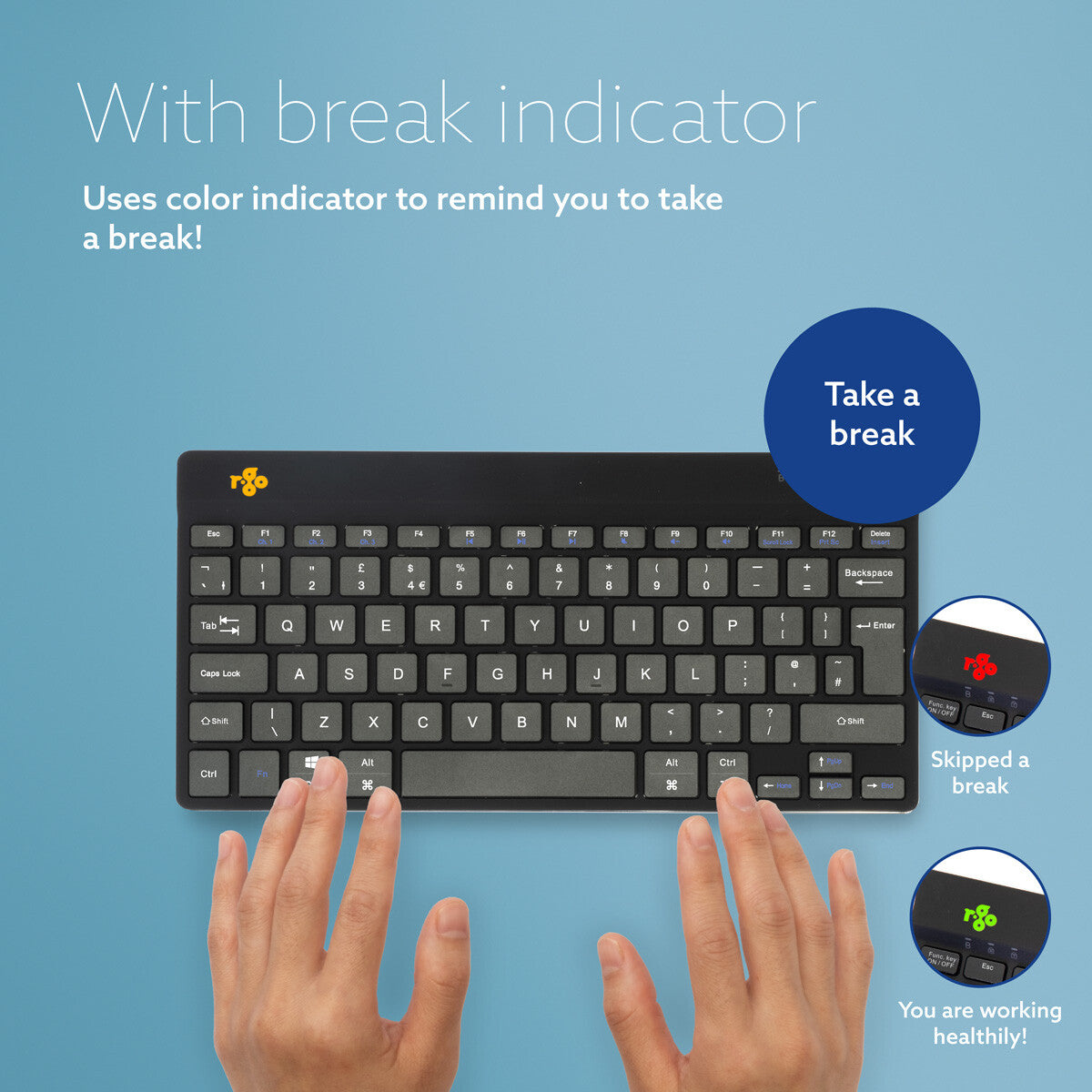 R-Go Tools Ergonomic keyboard R-Go Compact Break, compact keyboard with break software, QWERTY (UK), Bluetooth, black