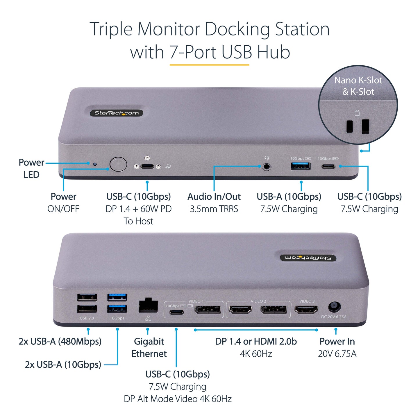 StarTech.com USB-C Docking Station - Multi Monitor HDMI/DP/DP Alt Mode USB-C Dock - 3x 4K30 / 2x 4K60 - 7-Port USB Hub - 60W Power Delivery - GbE - 3.5mm Audio - Works With Chromebook certified - TAA