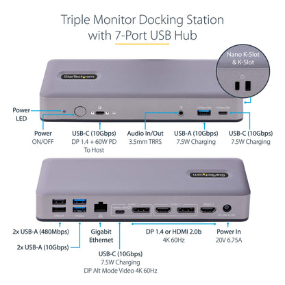 StarTech.com USB-C Docking Station - Multi Monitor HDMI/DP/DP Alt Mode USB-C Dock - 3x 4K30 / 2x 4K60 - 7-Port USB Hub - 60W Power Delivery - GbE - 3.5mm Audio - Works With Chromebook certified - TAA