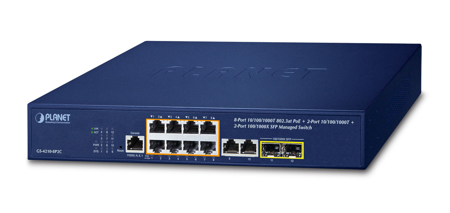 PLANET IPv4/IPv6, 8-Port Managed L2/L4 Gigabit Ethernet (10/100/1000) Power over Ethernet (PoE) 1U Blue