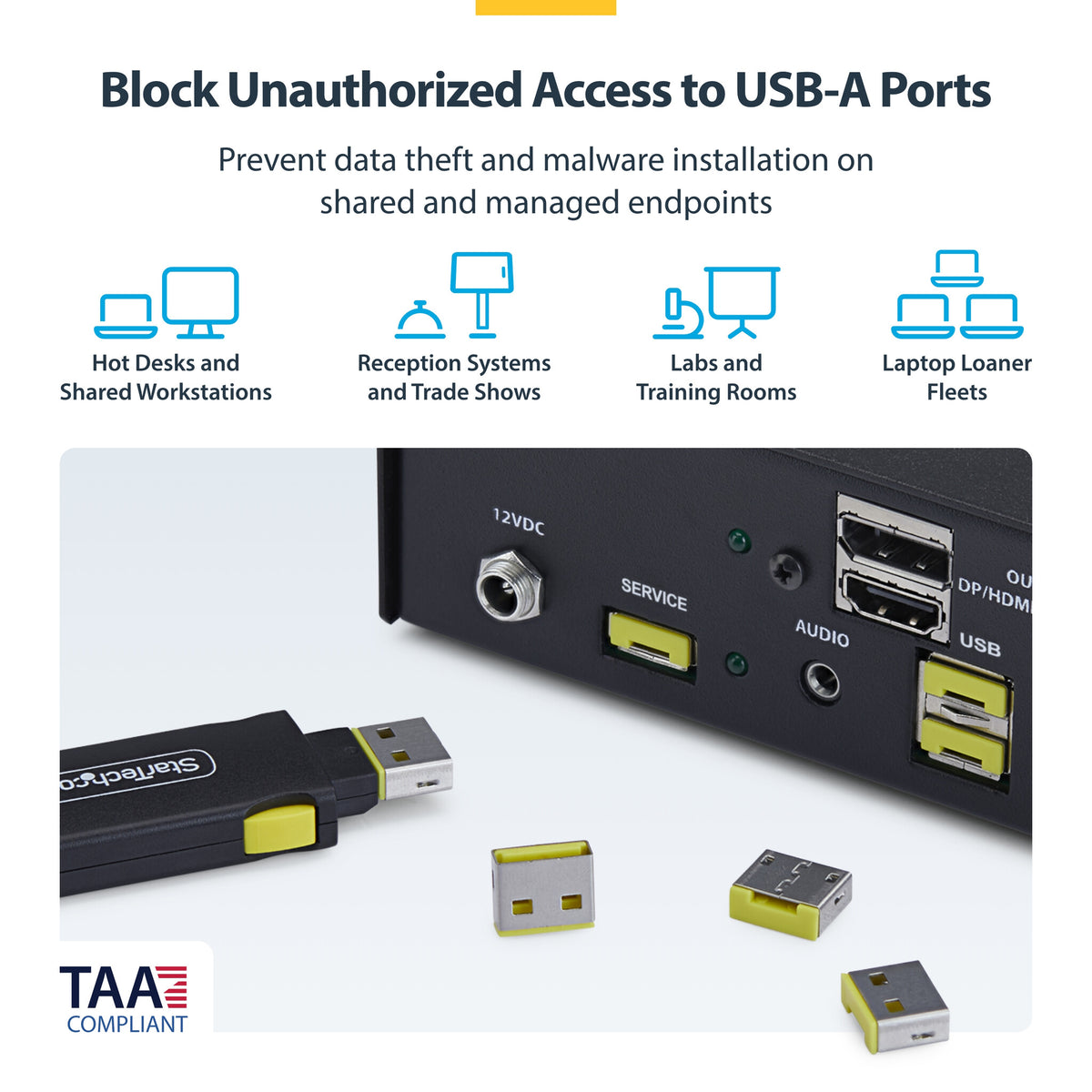 StarTech.com USB-A Port Blocker Key with 4x Latching USB-A Dust Cover Plugs, Snap-In Reusable Port Protectors for Laptops & Computers
