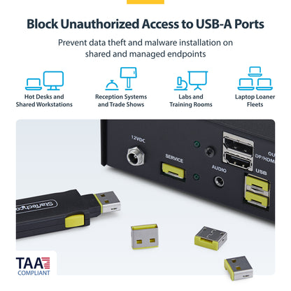 StarTech.com USB-A Port Blocker Key with 4x Latching USB-A Dust Cover Plugs, Snap-In Reusable Port Protectors for Laptops & Computers