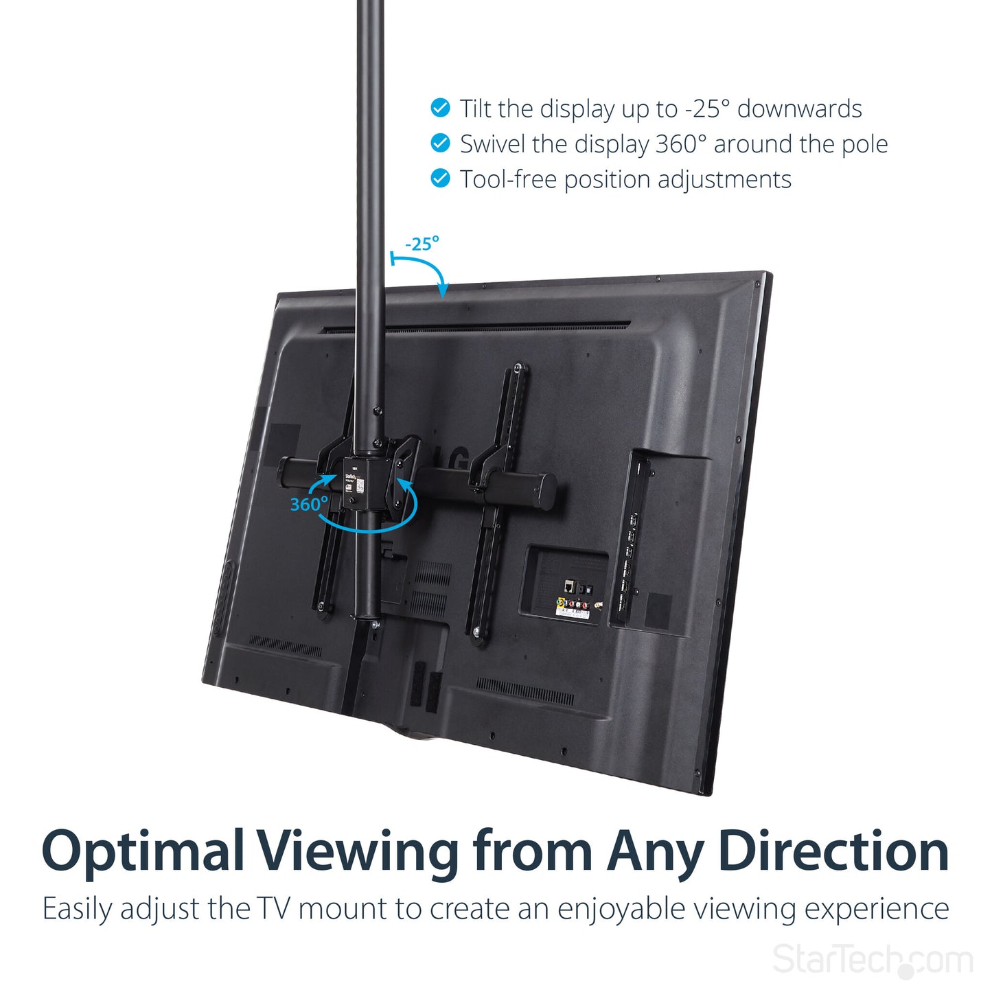 StarTech.com TV Ceiling Mount - Full-Motion Universal Hanging Single Screen Mount with Adjustable Telescopic Long Pole - Tilt / Swivel - VESA Bracket for 32”-75" Displays