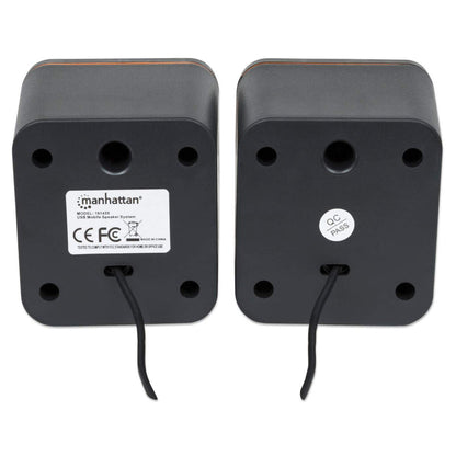 Manhattan 2600 Series Speaker System, Small Size, Big Sound, Two Speakers, Stereo, USB power, Output: 2x 3W, 3.5mm plug for sound, In-Line volume control, Cable 0.9m, Black, Three Year Warranty
