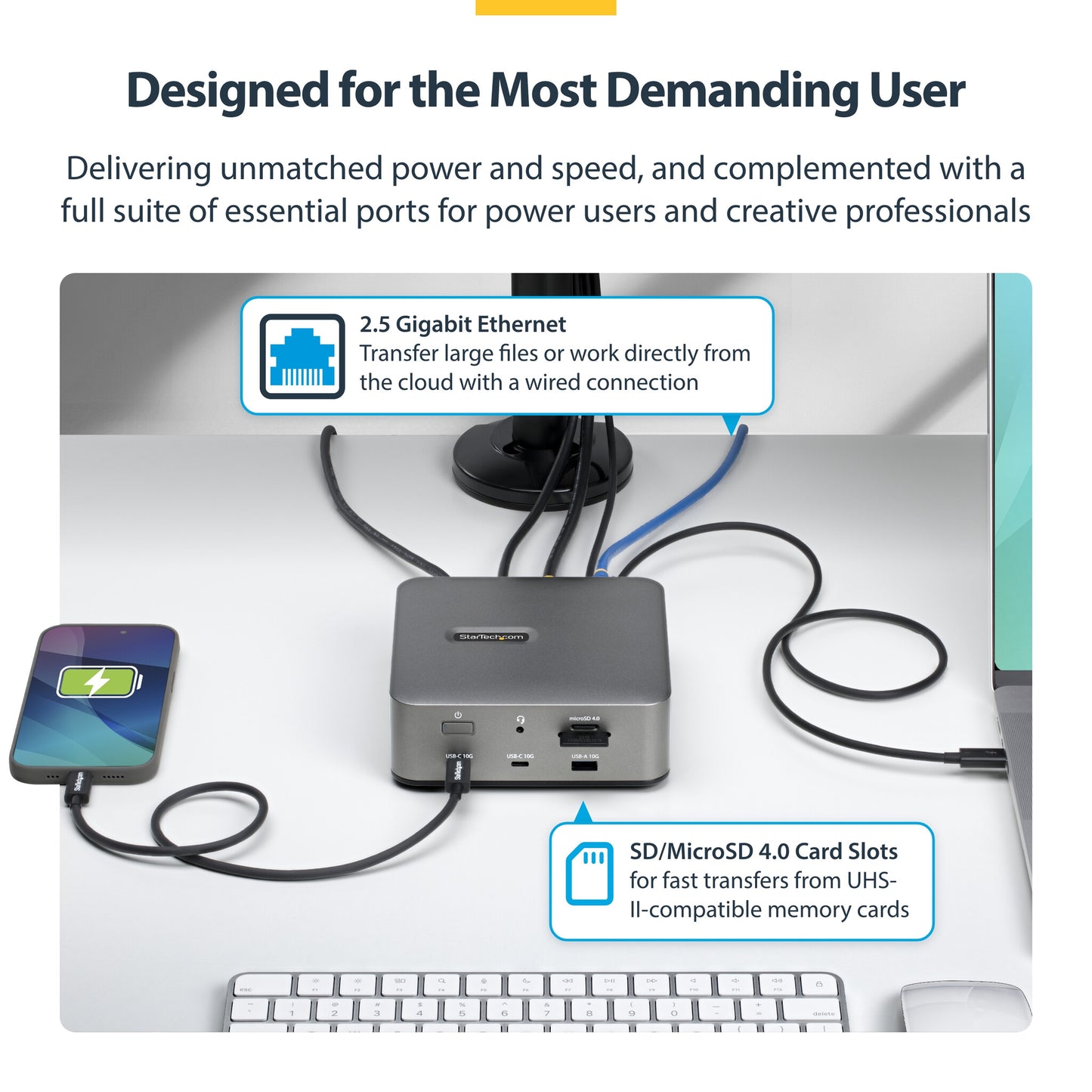 StarTech.com Thunderbolt 5 Universal Docking Station, Multi-Display Hub, 8K 60Hz or 4K 144Hz, 120Gbps Bandwidth Boost, 140W PD, 30W Phone Charging, USB 10Gbps, 2.5G LAN