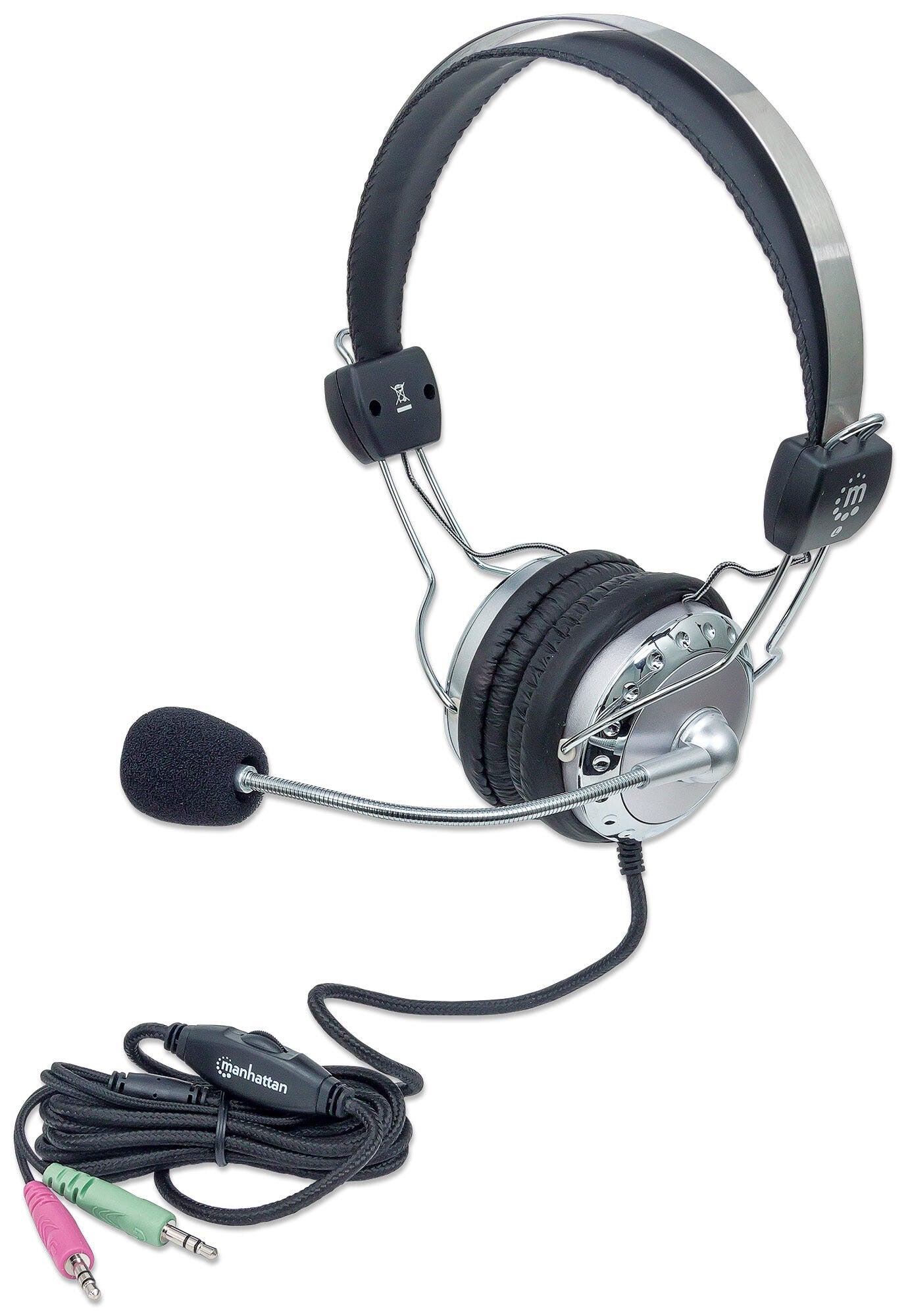 Manhattan Stereo Over-Ear Headset (3.5mm), Microphone Boom (padded), Adjustable Steel Headband, In-Line Volume Control, Ear Cushions, Std 2x 3.5mm stereo jack/plug for audio/mic use, cable 2.5m, 3 Year Warranty
