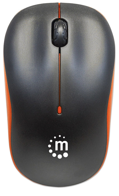 Manhattan Success Wireless Mouse, Black/Orange, 1000dpi, 2.4Ghz (up to 10m), USB, Optical, Three Button with Scroll Wheel, USB micro receiver, AA battery (included), Low friction base, Three Year Warranty, Blister