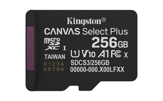 Kingston Technology 256GB micSDXC Canvas Select Plus Gen 3 150R A1 Single Pack w/o ADP memory card, MicroSDXC, Class 10