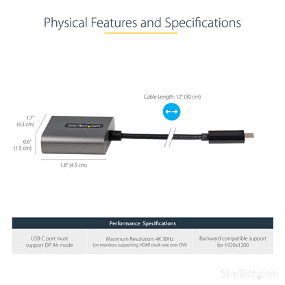 StarTech.com USB C to DVI Adapter - 1920x1200p USB-C to DVI-D Adapter Dongle - USB Type C to DVI Display/Monitor - Video Converter - Thunderbolt 3 Compatible - 12" Long Attached Cable - Upgraded Version of CDP2DVI