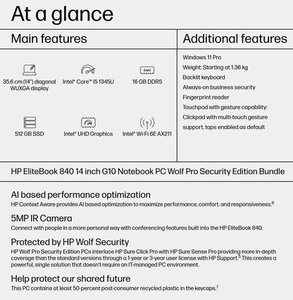 HP EliteBook 840 G10 Intel® Core™ i5 i5-1345U Laptop 35.6 cm (14") WUXGA 16 GB DDR5-SDRAM 512 GB SSD Wi-Fi 6E (802.11ax) Windows 11 Pro Silver