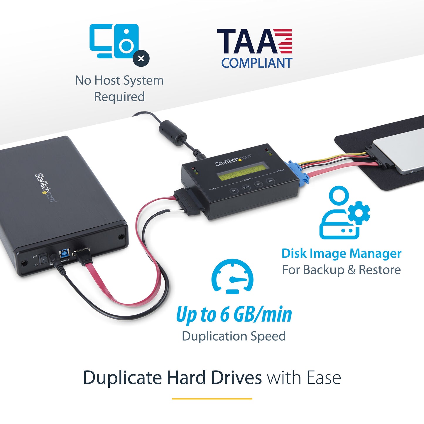StarTech.com 1:1 Standalone Hard Drive Duplicator with Disk Image Manager For Backup and Restore, Store Several Disk Images on one 2.5/3.5" SATA Drive, HDD/SSD Cloner, No PC Required