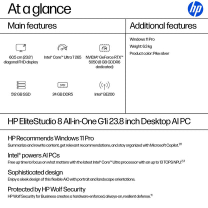 HP EliteStudio 8 All-in-One G1i 23.8 inch Desktop AI PC Intel Core Ultra 7 60.5 cm (23.8") 1920 x 1080 pixels 24 GB DDR5-SDRAM Windows 11 Pro Wi-Fi 7 (802.11be) Silver