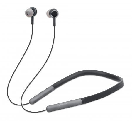 Manhattan Bluetooth In-Ear Headset with Neckband, Microphone, Integrated Controls, Sweatproof, Noise Isolating, 5 hour usage time, Max Range 10m, MicroSD Card slot, Bluetooth v5.0, USB-A charging cable included, Three Year Warranty