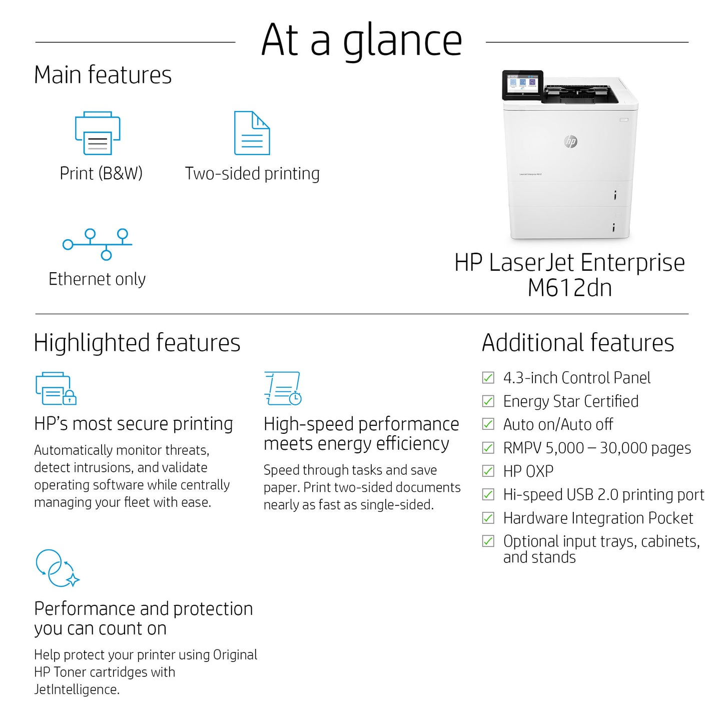 HP LaserJet Enterprise M612dn Black and white Printer, Ethernet Only; Duplex