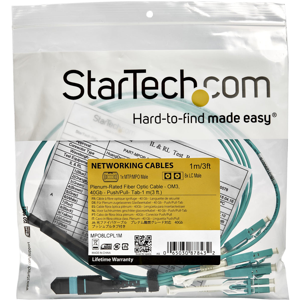 StarTech.com 1m (3ft) MTP(F)/PC to 4x LC/PC Duplex Breakout OM3 Multimode Fiber Optic Cable, OFNP Plenum, 40G Networks, Low Insertion Loss - Fiber Jumper Cord