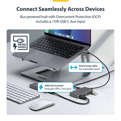 StarTech.com 4-Port USB-C Hub, 5Gbps, Bus Powered, USB C to 4x USB-A Hub with USB-C Auxiliary Power Input, 1ft/30cm Host Cable, Portable Desktop/Laptop USB Hub