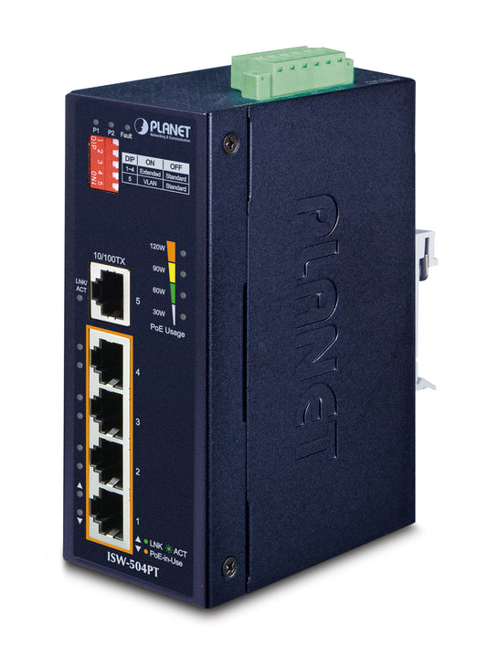 PLANET ISW-504PT network switch, Unmanaged, 5-port, Power over Ethernet (PoE), black