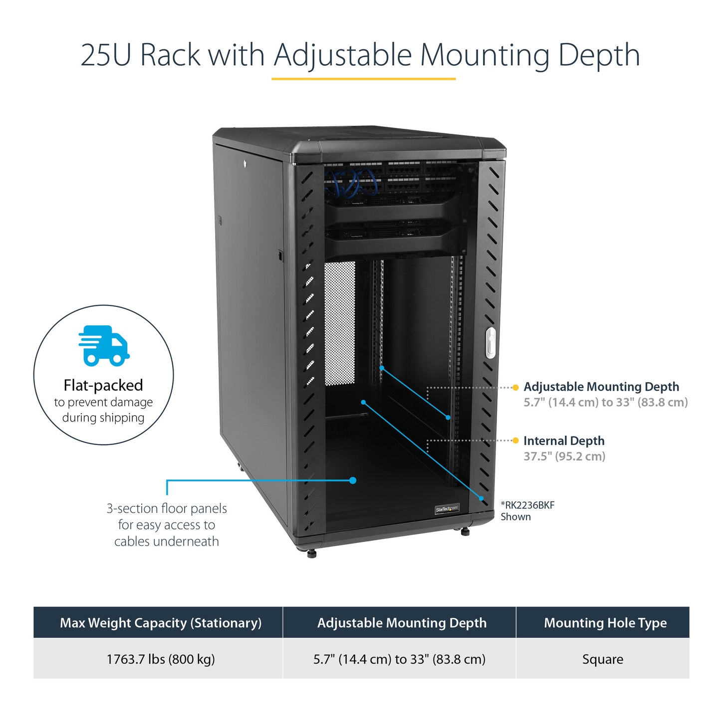 StarTech.com 25U Enterprise-Grade Server Rack Cabinet, 19in Enclosed 4-Post Rack with 33in (83cm) Mounting Depth and 1764lb (800kg) Weight Capacity