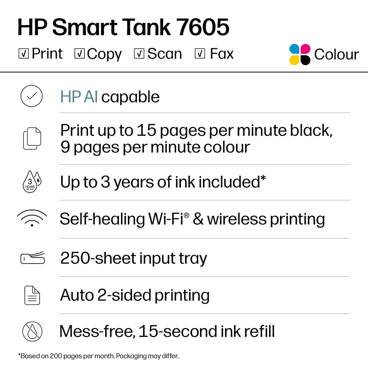 HP Smart Tank 7605 Wireless All-in-One Color Printer, Two-sided printing; Copier, Scanner