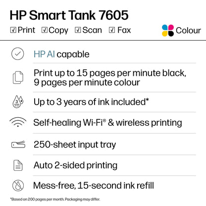 HP Smart Tank 7605 Wireless All-in-One Color Printer, Two-sided printing; Copier, Scanner