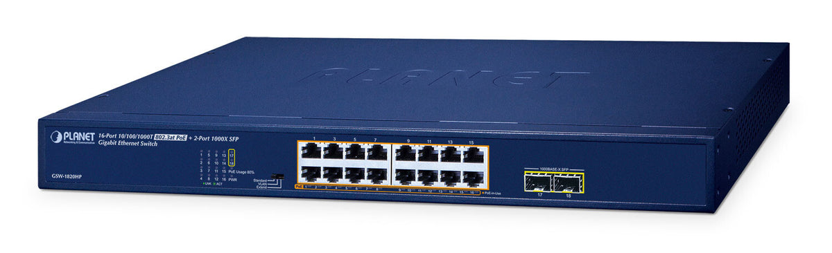 PLANET GSW-1820HP network switch Unmanaged Gigabit Ethernet (10/100/1000) Power over Ethernet (PoE) 1U Blue