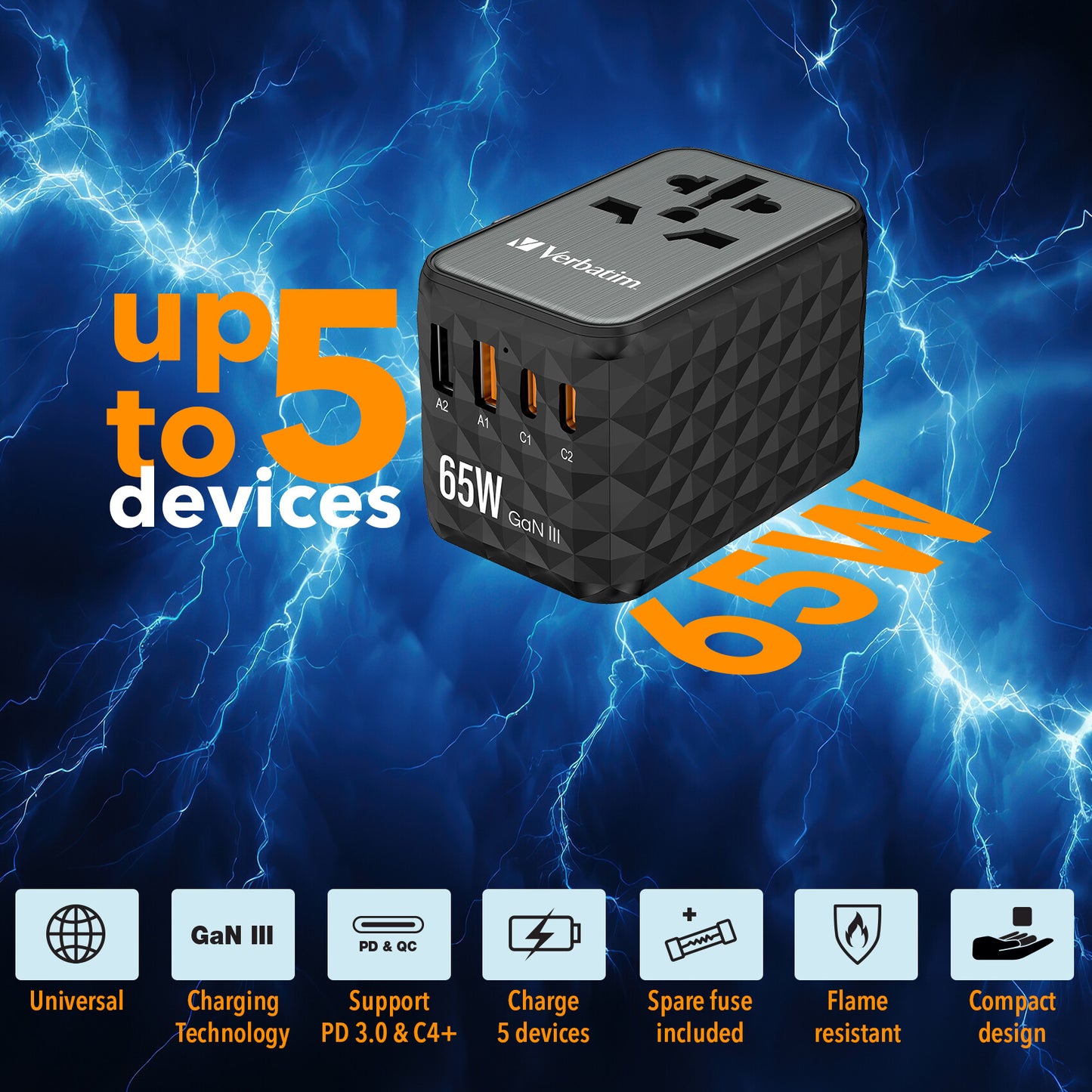Verbatim GaN III Universal Travel Adapter UTA-05 with 2 x USB-C PD & QC 4+ & 2 x USB-A ports