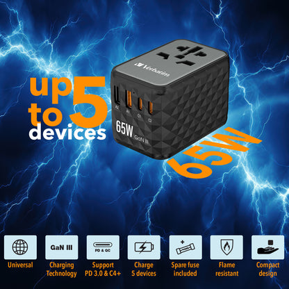 Verbatim GaN III Universal Travel Adapter UTA-05 with 2 x USB-C PD & QC 4+ & 2 x USB-A ports
