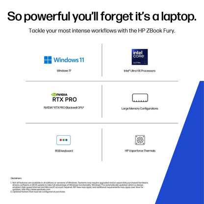 HP ZBook Fury G1i Data Science Intel Core Ultra 9 285HX Mobile workstation 40.6 cm (16") WUXGA 64 GB DDR5-SDRAM 1 TB SSD NVIDIA RTX PRO 3000 Blackwell Wi-Fi 7 (802.11be) Windows 11 Pro AI Workstation, AI PC Silver