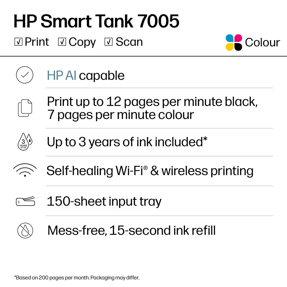 HP Smart Tank 7005 Wireless All-in-One Color Printer, Two-sided printing; Copier, Scanner