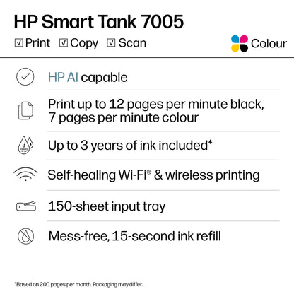HP Smart Tank 7005 Wireless All-in-One Color Printer, Two-sided printing; Copier, Scanner