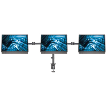 Manhattan Triple Desk Mount for TV & Monitors, For screens: 10" to 27", Clamp Assembly, VESA compatibility: 75x75 and 100x100mm - check the dimensions of the four mounting holes on back of screen to ensure it fits, Max 7kg (each), Black, Bracket, Lifetime