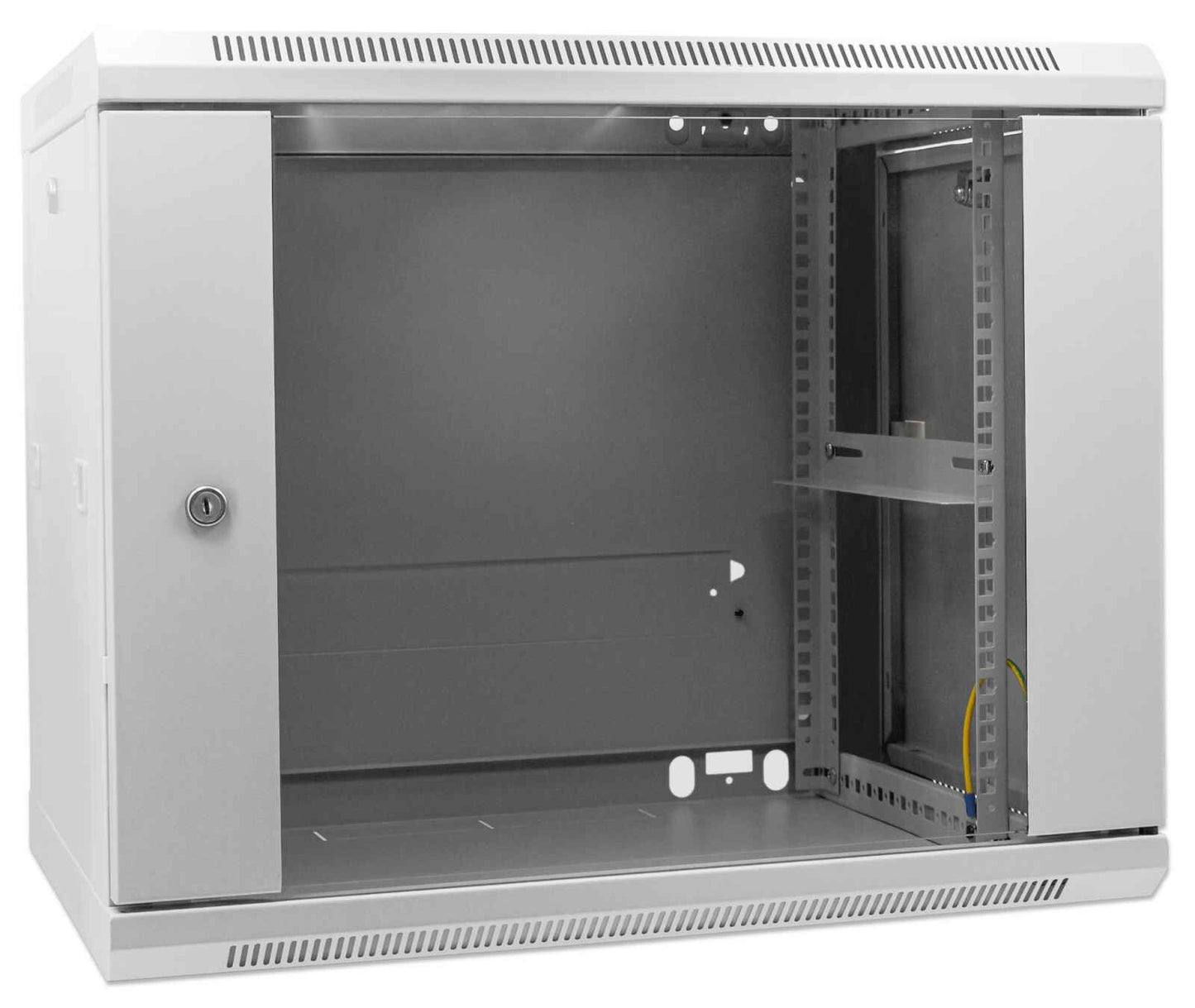 Intellinet Network Cabinet, Wall Mount (Standard), 9U, Usable Depth 350mm/Width 540mm, Grey, Assembled, Max 60kg, Metal & Glass Door, Back Panel, Removeable Sides, Suitable also for use on desk or floor, 19",Parts for wall install (eg screws/rawl plugs) n