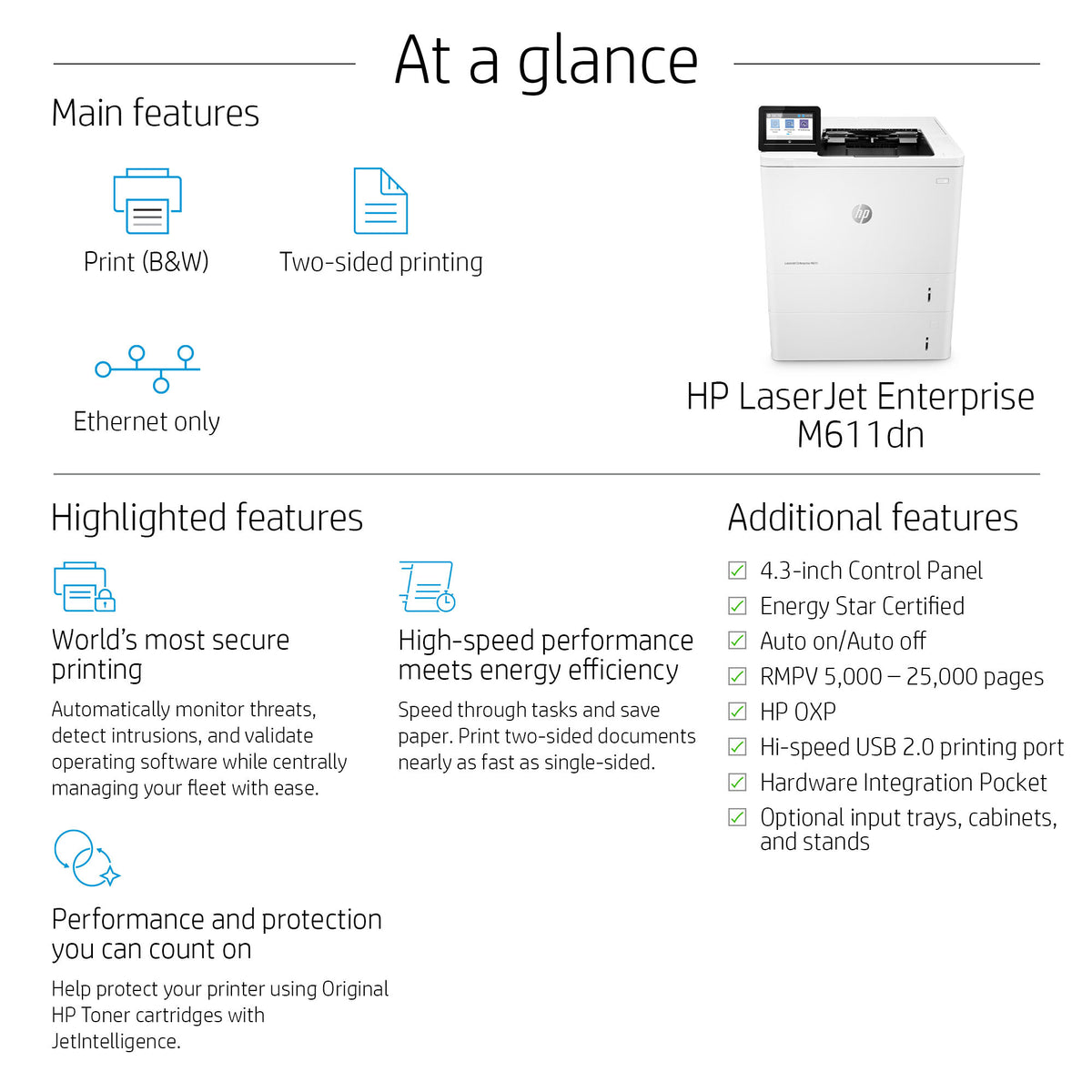 HP LaserJet Enterprise M611dn Black and white Printer, Ethernet Only; Duplex