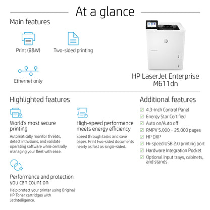 HP LaserJet Enterprise M611dn Black and white Printer, Ethernet Only; Duplex