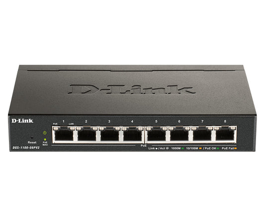 D-Link DGS-1100-08PV2 network switch, Managed, 8-port, Power over Ethernet (PoE), black