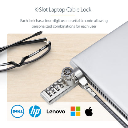 StarTech.com 10-Pack Dual-Access Laptop Lock, 6.6ft (2m) Keyed Alike and Combination Security Cable Lock for K-Slot Devices, Computer Anti-Theft Steel Cable, TAA