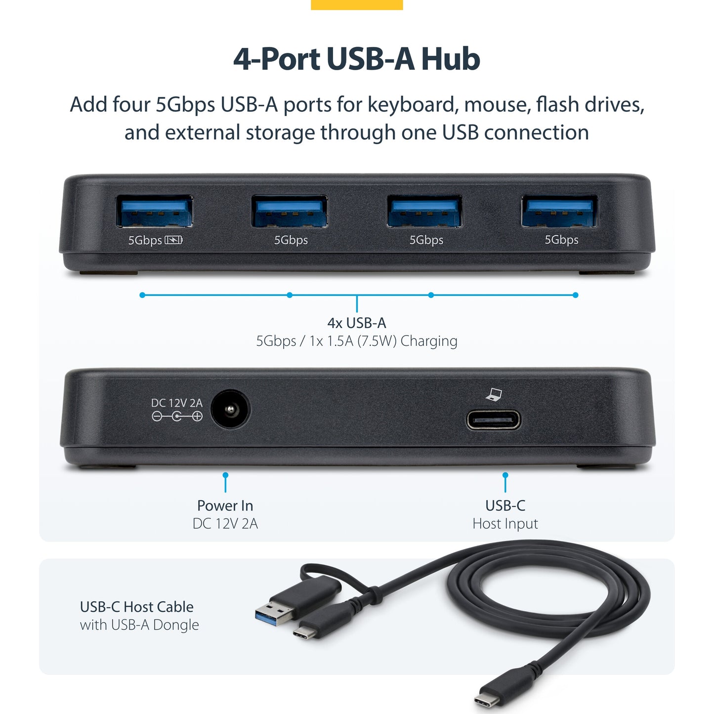 StarTech.com 4-Port USB-A Hub, 5Gbps, Self-Powered, 2-in-1 USB-C and USB-A Host Cable, 1x BC 1.2 Charging Port, 24W Power Adapter Included, MacBook and Windows