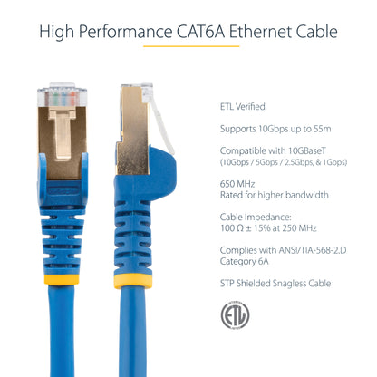 StarTech.com 0.50m CAT6a Ethernet Cable - 10 Gigabit Shielded Snagless RJ45 100W PoE Patch Cord - 10GbE STP Network Cable w/Strain Relief - Blue Fluke Tested/Wiring is UL Certified/TIA