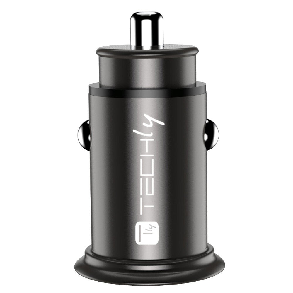 Techly Mini Car Charger USB-A and USB-C Quick Charge 3.0 38W in Black Metal