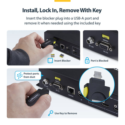StarTech.com USB-A Port Blocker Key with 4x Latching USB-A Dust Cover Plugs, Snap-In Reusable Port Protectors for Laptops & Computers