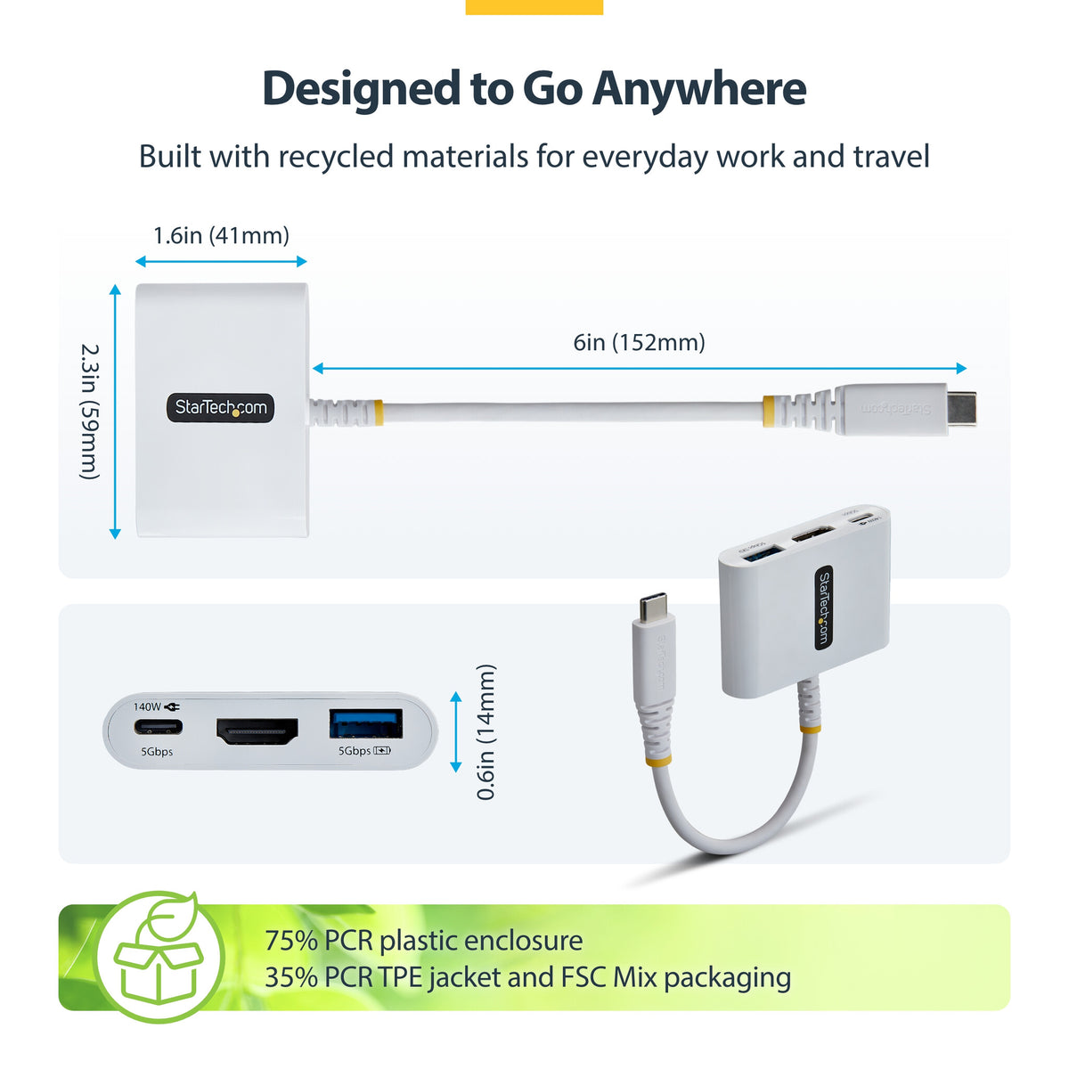 StarTech.com USB-C to HDMI Multiport Adapter with 140W PD Charging, 4K 60Hz HDMI, USB 5Gbps Hub, Mini Dock For MacBook / Dell / Thinkpad / HP / iPad / Tablets