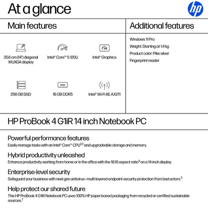 HP ProBook 4 G1iR Intel Core 5 120U Laptop 35.6 cm (14") WUXGA 16 GB DDR5-SDRAM 256 GB SSD Wi-Fi 6E (802.11ax) Windows 11 Pro Silver