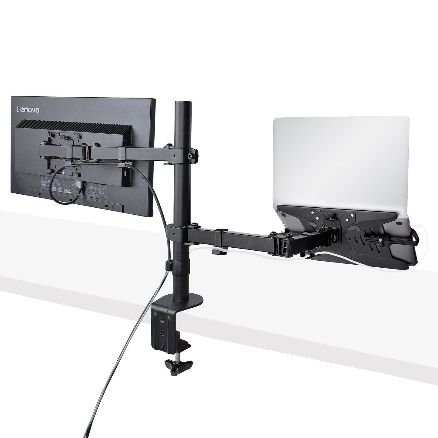 StarTech.com Monitor Arm with VESA Laptop Tray, For a Laptop (4.5kg/9.9lb) and a Single Display up to 32" (8kg/17.6lb), Black, Vented Tray, Adjustable Laptop Arm Mount, C-clamp/Grommet Mount