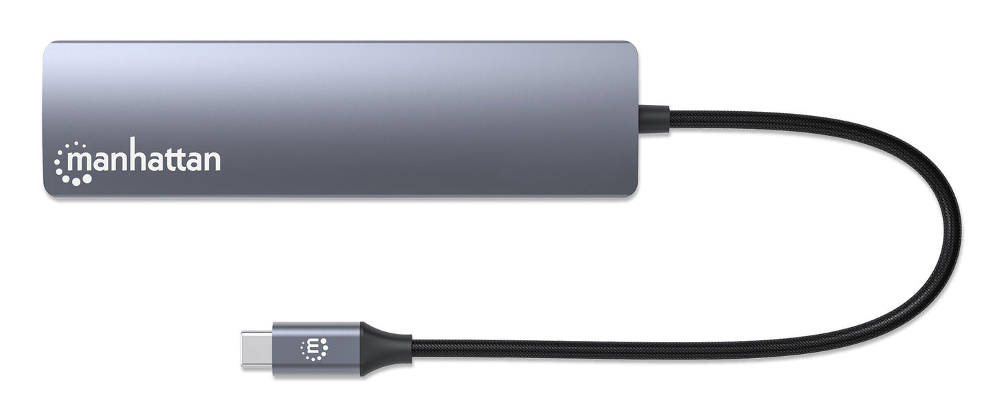 Manhattan USB-C Dock/Hub, Ports (x6): Ethernet, HDMI, USB-A (x3) and USB-C, with Power Delivery (PD) 100W- requires external USB-C charger (not included). USB powered (no external power supply required) when PD is not in use
